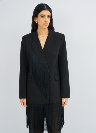Двубортный жакет с отделкой из бахромы