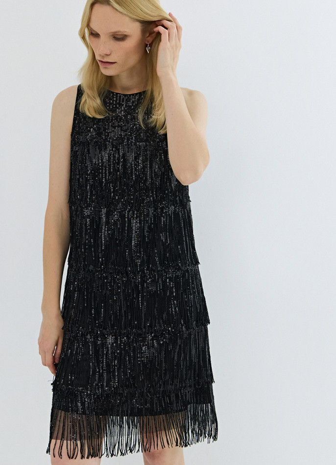 Платье А-силуэта с бахромой из пайеток