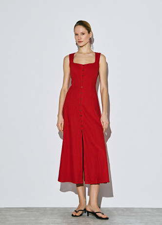 Платье миди из смесового льна с вырезом каре