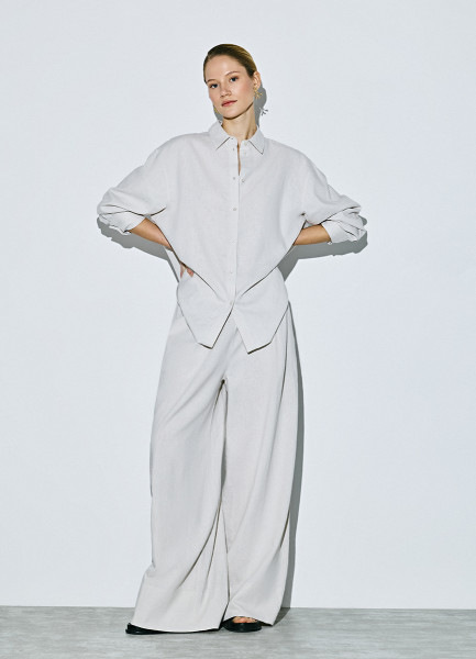 Широкие брюки изо льна с эластичным поясом, Бежевый