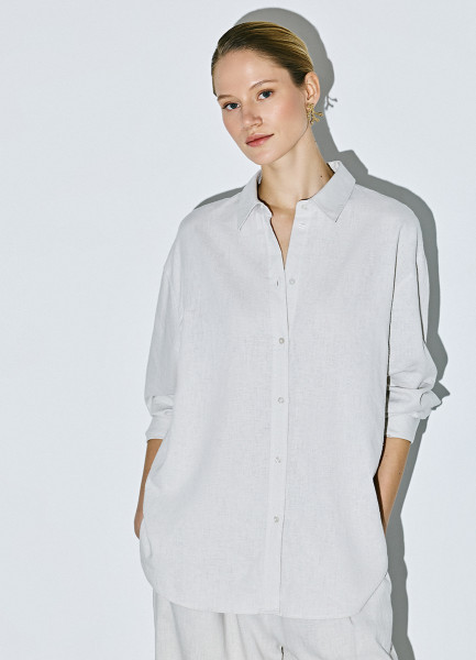 

Рубашка с длинным рукавом из смесового льна, Бежевый
