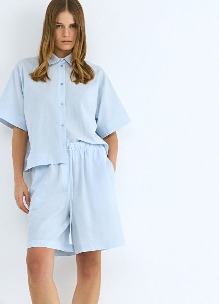

Рубашка изо льна и хлопка с коротким рукавом, Голубой