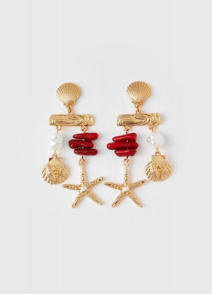 Серьги-пусеты с жемчугом и кораллами, Золотой
