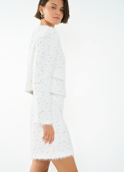 Пушистая мини-юбка из твида с пайетками и бисером Белый 4599₽