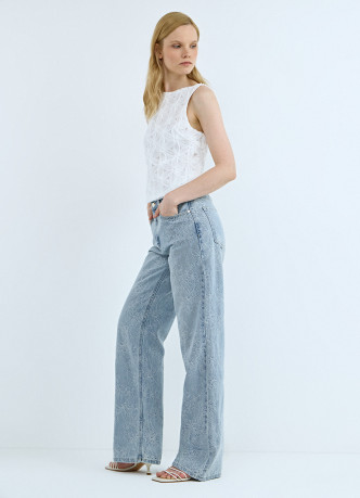 Широкие джинсы на высокой посадке в цветочный жаккард