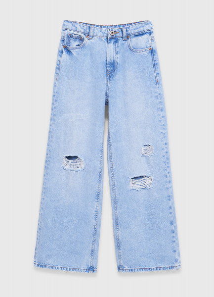 Широкие джинсы с разрывами для девочек, Голубой O`Stin GP4672O02-D6 - фото 5