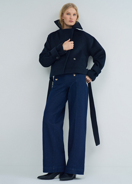 

Короткое пальто из шерсти с поясом, Синий