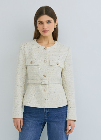 Твидовый однобортный жакет с поясом