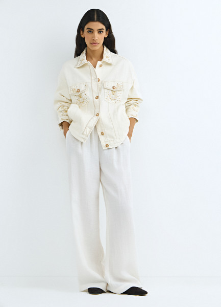 Джинсовая куртка с вышивкой, Бежевый