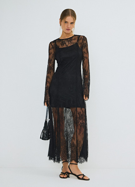 

Кружевное платье с длинными рукавами, Черный