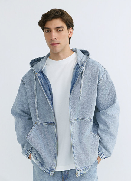 

Джинсовая куртка на молнии с капюшоном, Голубой