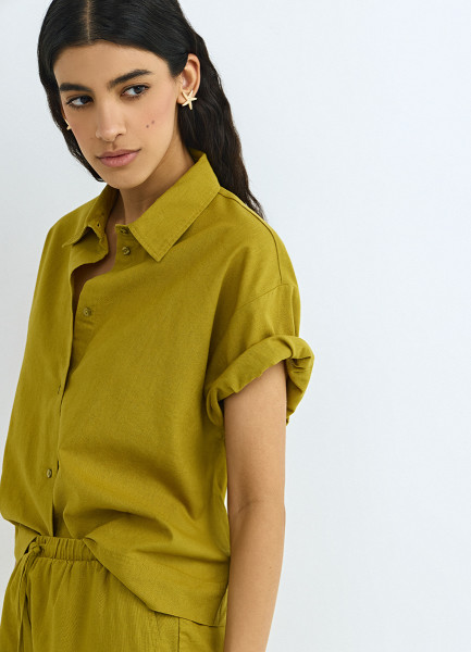 Рубашка изо льна и хлопка с коротким рукавом, Желтый