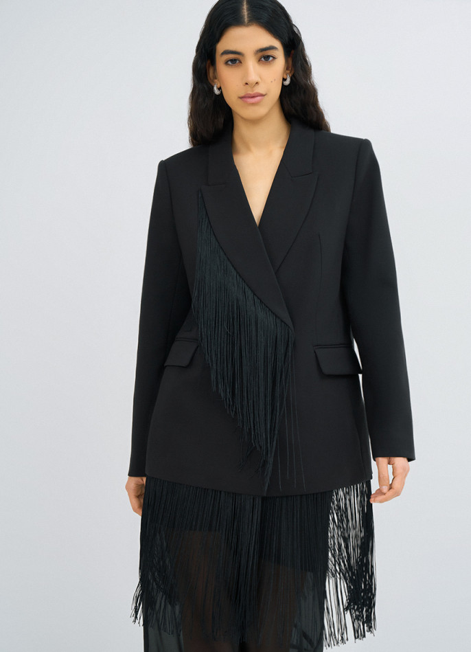 Двубортный жакет с отделкой из бахромы