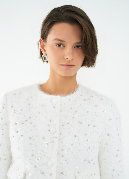 Укороченный жакет из твида с пайетками и бисером Белый 7999₽