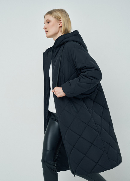 Объёмное стёганое пальто с капюшоном, Черный