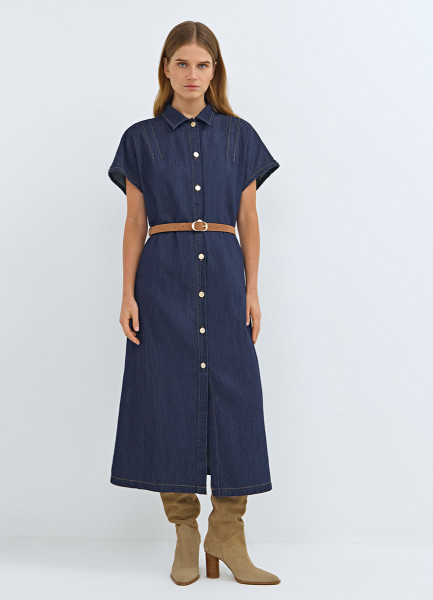Платье-рубашка из денима с ремнём, Синий