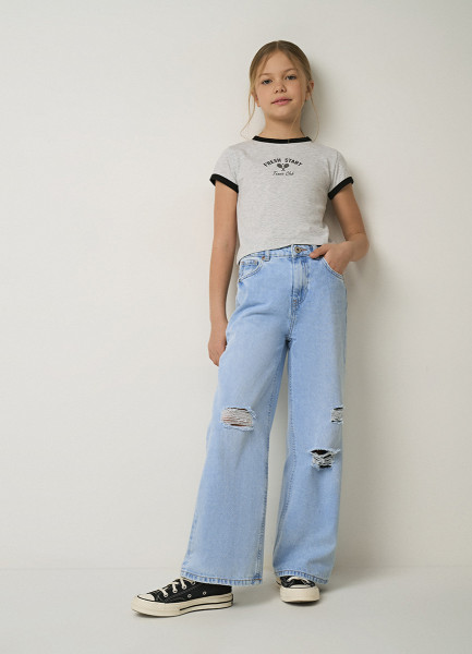 Широкие джинсы с разрывами для девочек, Голубой O`Stin GP4672O02-D6