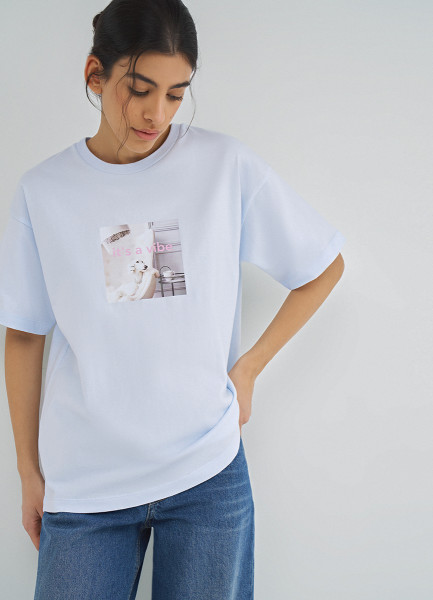 

Футболка оверсайз с принтом, Голубой