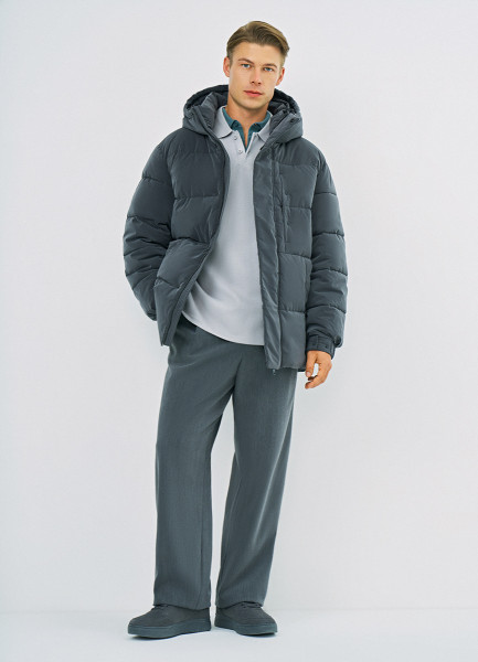 

Утеплённая куртка с капюшоном из фактурной ткани, Серый