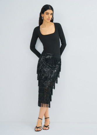 Прямая юбка с бахромой из пайеток