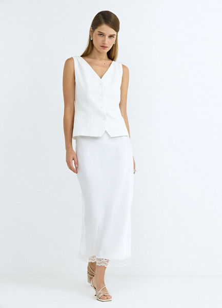 Атласная юбка миди с кружевом, Белый