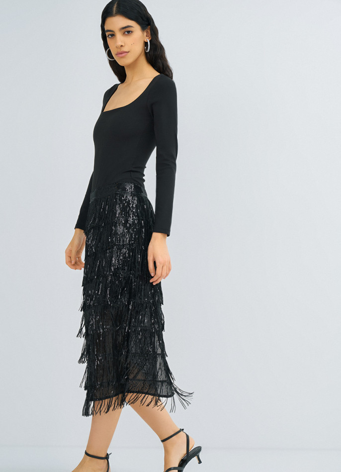 Прямая юбка с бахромой из пайеток