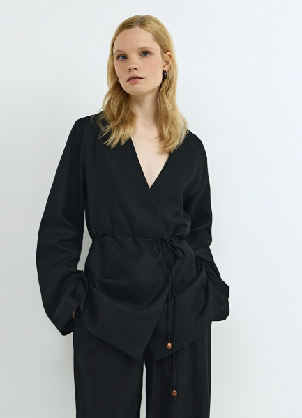 

Рубашка изо льна с завязкой, Черный
