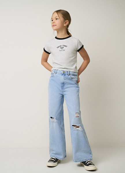 Широкие джинсы с разрывами для девочек, Голубой O`Stin GP4672O02-D6 - фото 3