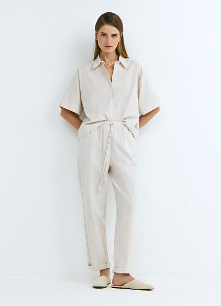 

Брюки изо льна с эластичным поясом, Бежевый