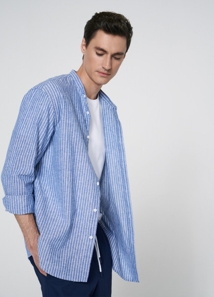 Рубашка из хлопка и льна с воротником-стойкой, Синий O`Stin MS46A3O02-65, размер 48
