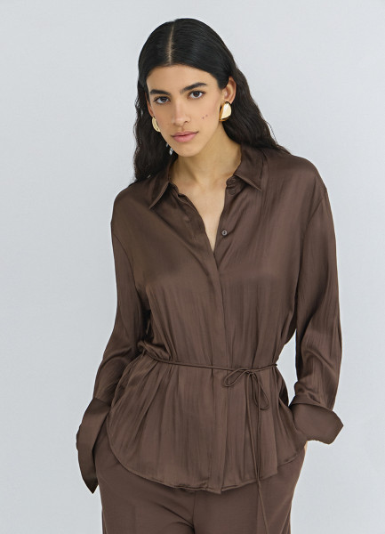 

Блузка из сатина с поясом, Коричневый