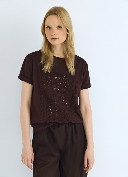 Футболка с деталью-кроше, Коричневый