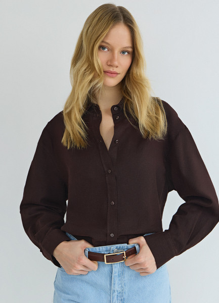 

Рубашка с длинным рукавом из смесового льна, Коричневый