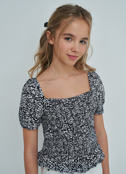 Блузка с коротким рукавом для девочек, Черный O`Stin GS4694O02-99, размер 164