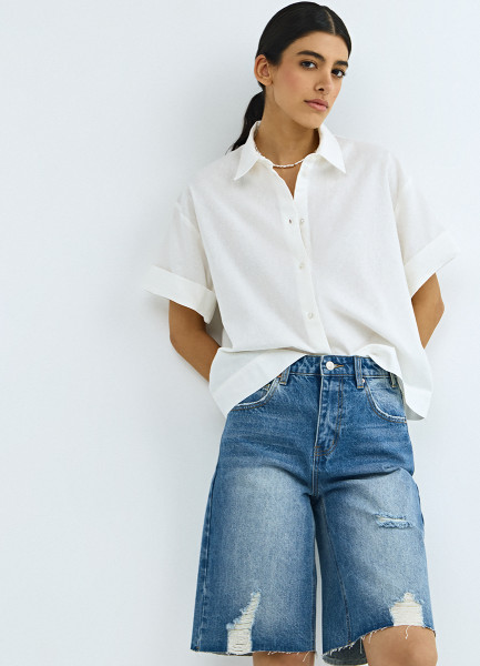 Рубашка изо льна и хлопка с коротким рукавом, Белый