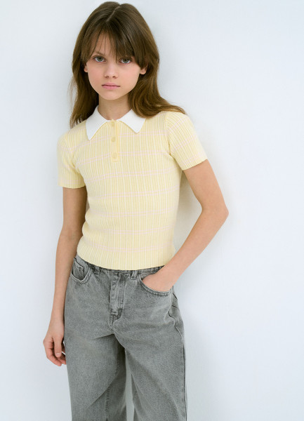 

Вязаный джемпер с коротким рукавом для девочек, Желтый