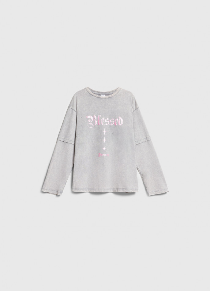 Лонгслив с принтом и стразами для девочек