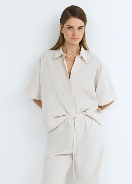 Рубашка изо льна и хлопка с коротким рукавом, Бежевый