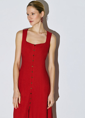 Платье миди из смесового льна с вырезом каре