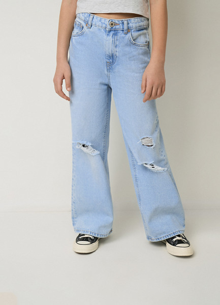 Широкие джинсы с разрывами для девочек, Голубой O`Stin GP4672O02-D6 - фото 2