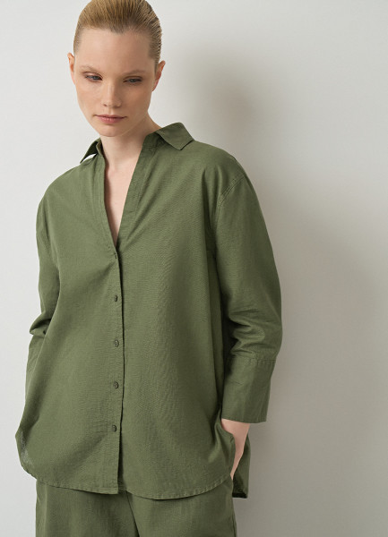 Рубашка из хлопка и льна, Зеленый O`Stin LS4693O02-G7, размер 42