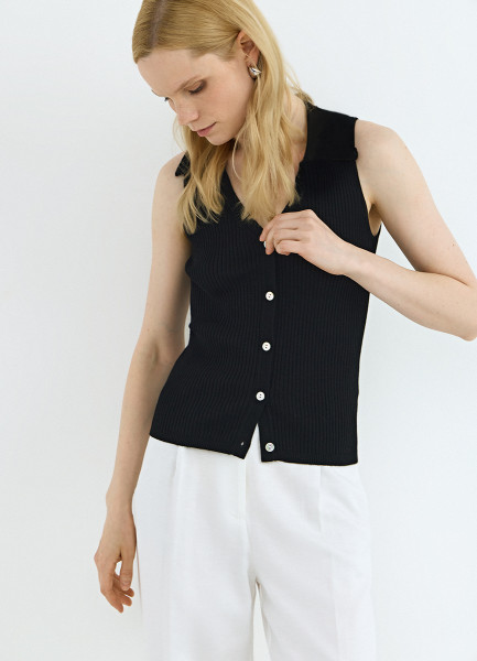 Трикотажный жилет в рубчик с воротником, Черный