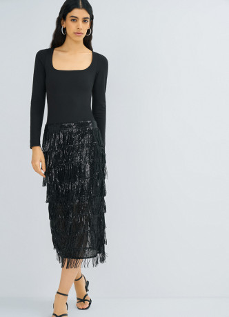Прямая юбка с бахромой из пайеток
