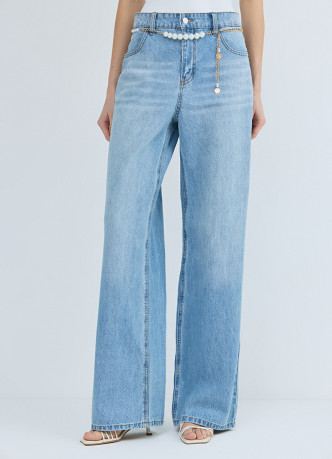 Прямые джинсы с высокой посадкой и ремнем с жемчугом