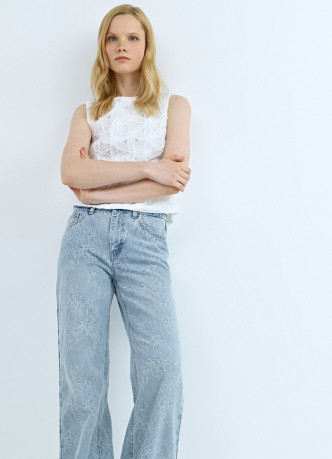 Широкие джинсы на высокой посадке в цветочный жаккард