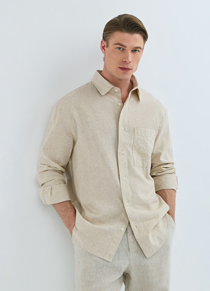 Рубашка изо льна и хлопка с карманом, Бежевый