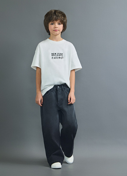 

Футболка с новогодней вышивкой для мальчиков, Бежевый