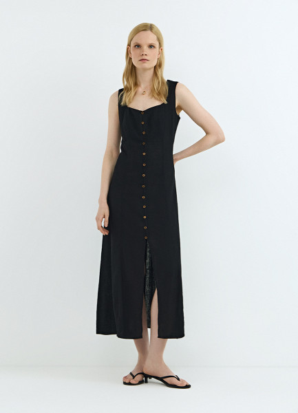 

Платье из смесового льна с вырезом каре, Черный