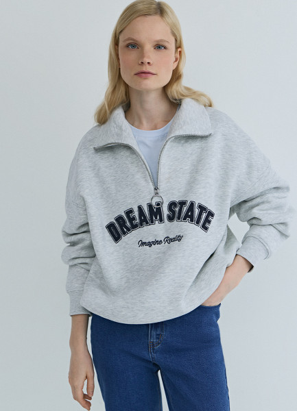 

Толстовка с принтом и воротником на молнии, Серый