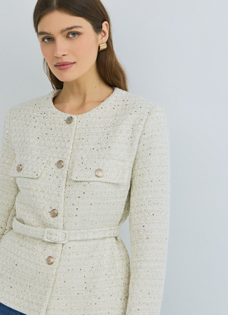 Твидовый однобортный жакет с поясом